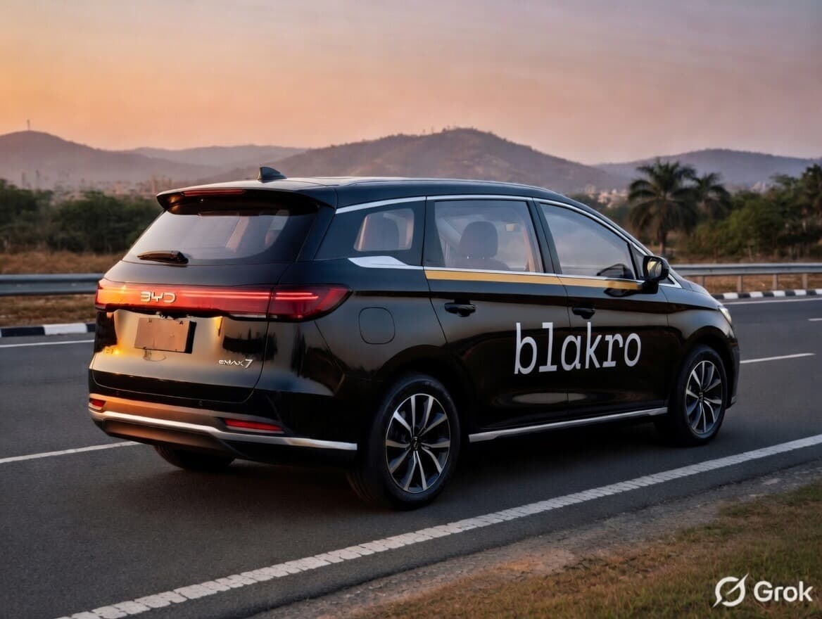 Blakro BYD eMax7 — rear view on expressway at golden hour