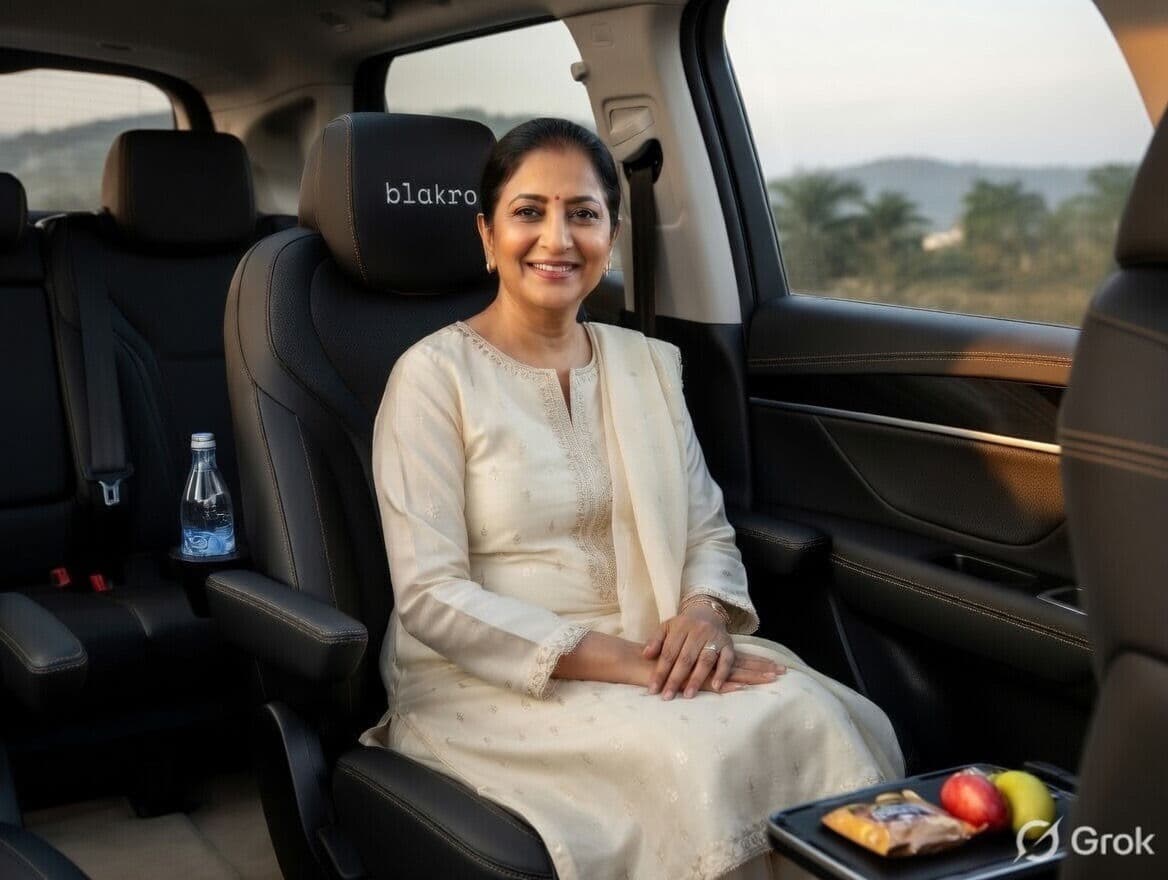 Indian woman smiling in Blakro captain seat — BLAKRO headrests, snack tray, water bottle